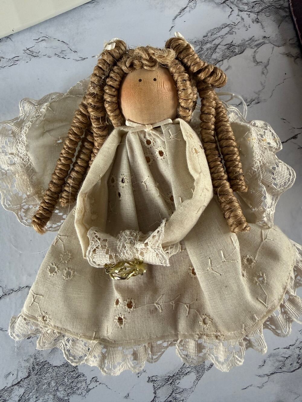 SKU3335 Vintage Handmade Wooden Bead & Cloth Angel Figurine (Off-White Lace)